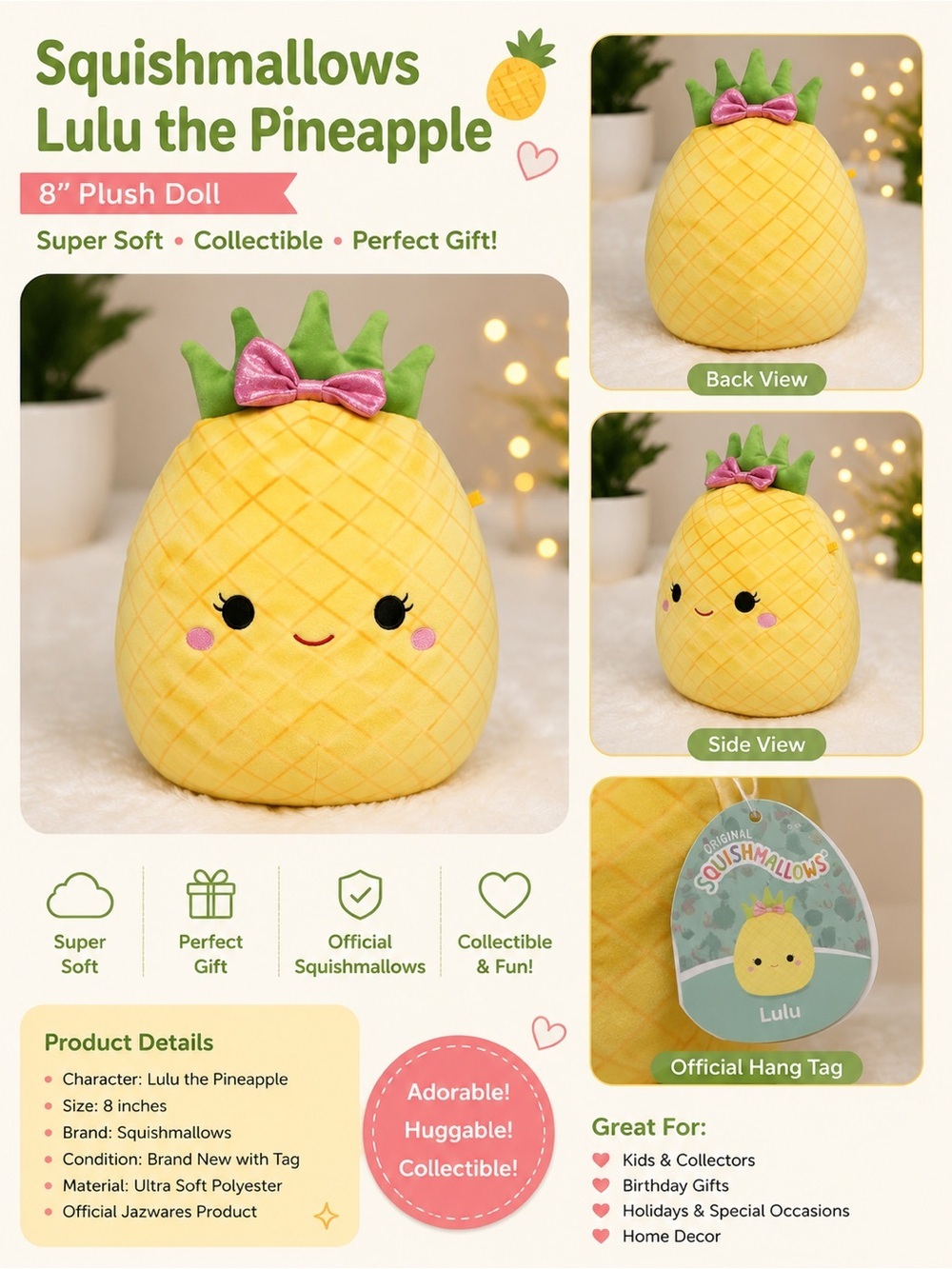 Squishmallows Lulu the Pineapple Kids Plush Toy - Yellow with Green & Pink Bow